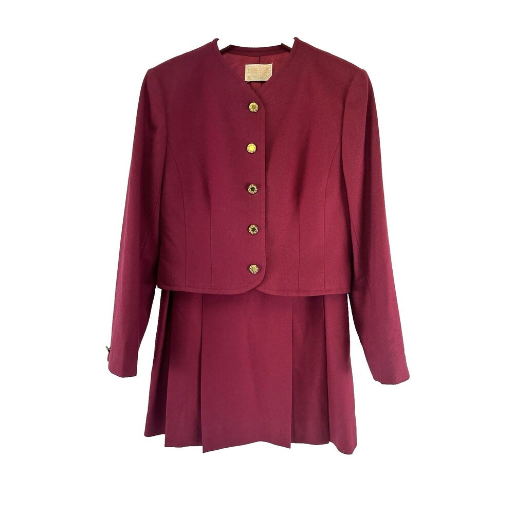 Pendleton Skirt Suit Blazer Gold Button Wool Burgundy Pleated Petite 10 Size 8
